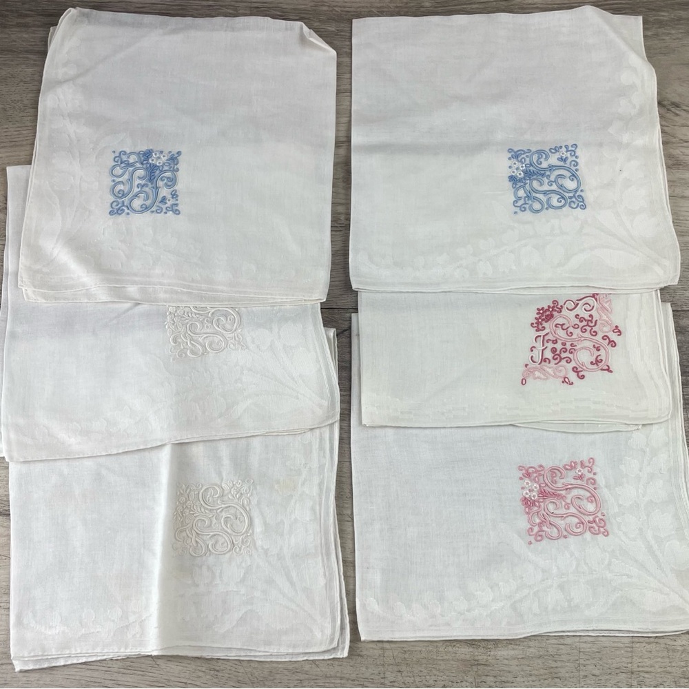 6 Piece Handkerchiefs Vintage MCM Embroidered “FSS” Blue & Pink On White Floral